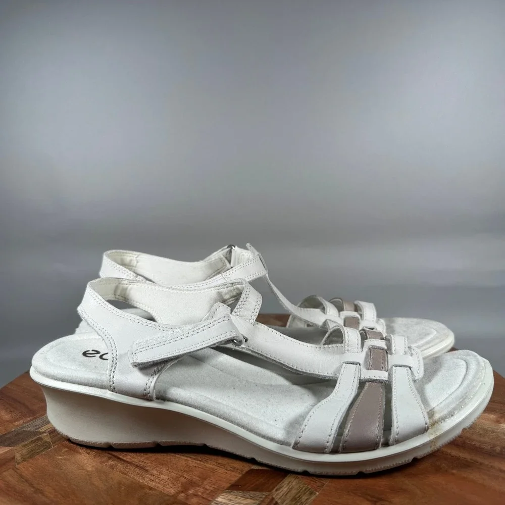 ECCO Felicia White Leather Gladiator Wedge Sandals Womens Size 40 US 9-9.5